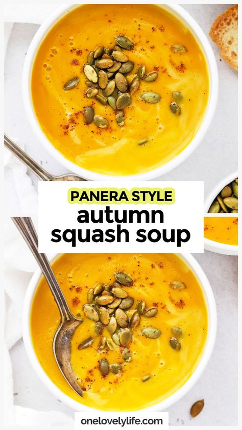 Our copycat Panera autumn squash soup recipe makes it easy to have this restaurant favorite at home! This creamy squash soup has the perfect blend of spices and is sure to warm you up on a chilly day. It's simple, nourishing, and delicious! Get our Autumn Squash Soup recipe and more cozy soup recipes to try at One Lovely Life Pioneer Woman Squash Soup, Simple Squash Soup, Panera Autumn Squash Soup Recipe Instant Pot, Autumn Soup Panera Recipe, Panera Copycat Butternut Squash Soup, Panera Autumn Soup, Squash Soup Recipe Crockpot, Panera Pumpkin Soup Recipe, Paula Deen Butternut Squash Soup