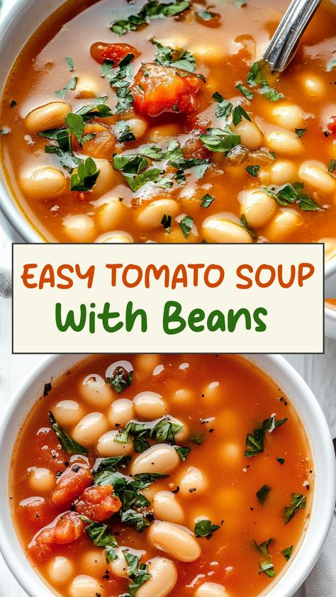 Indulge in the ultimate comfort food with this hearty tomato soup with beans recipe. Packed with flavor and nutrition, this easy-to-make soup is perfect for cozy nights in or to warm you up on a chilly day. The combination of sweet tomatoes and creamy beans creates a luscious texture that will have your tastebuds dancing. Whether you're a fan of classic comfort food or looking to try something new, this tomato soup with beans is sure to become a staple in your recipe rotation. Tomato Soup Made With Canned Tomatoes, Tomato Soup Made With Tomato Juice, Recipes Using Tomato Bouillon, Campbell's Tomato Soup Recipe Ideas, Tomato And White Bean Soup, Tomato Soup Add Ins, White Bean Tomato Soup, Tomato Bouillon Recipes, Uses For Tomato Soup