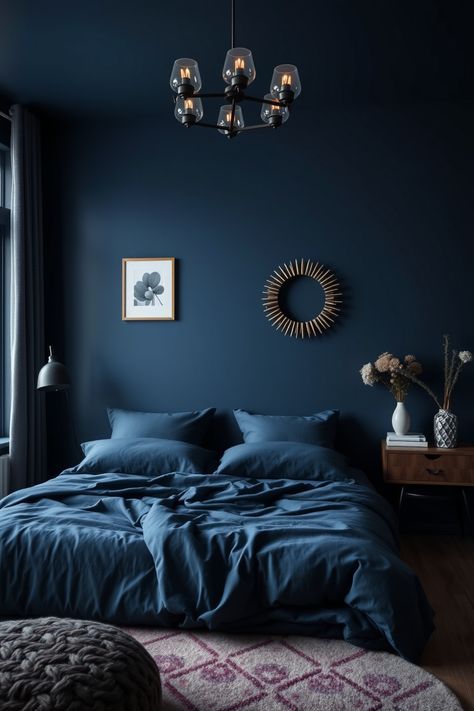 Looking to create a beautiful and calming space? Discover 15 amazing navy blue bedroom ideas that inspire luxury and comfort! From deep navy accents to cool contrasts, these stylish designs will transform your bedroom into a serene retreat. Perfect for anyone who loves rich colors, unique textures, and inviting atmospheres. Don't miss these concepts that pair navy blue with whites and warm wood tones to create a cozy and chic feel Dark Blue Attic Room, Cream And Dark Blue Bedroom, Dark Wood And Navy Bedroom, Deep Navy Bedroom, Dark Blue And Wood Bedroom, Deep Bedroom Colors, Monochrome Blue Bedroom, Dark Navy Bedroom Ideas, Minimalist Bedroom Navy Blue