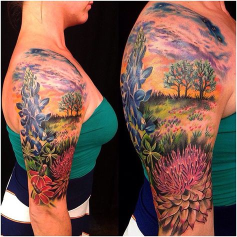 Instagram photo by @tattoosnob via ink361.com Texas Tattoos, Lavender Tattoo, Wildflower Tattoo, Poppies Tattoo, Landscape Tattoo, Theme Tattoo, Hummingbird Tattoo, Botanical Tattoo, Crown Tattoo