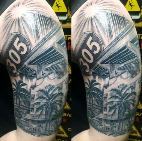 My 305 tattoo. Miami Beach. Miami Tattoo Ideas Men, 305 Tattoo Miami, Florida Tattoo Ideas For Men, 305 Tattoo, Miami Tattoo Ideas, County Tattoo, Building Tattoo, Tattoo Beach, Are Tattoos