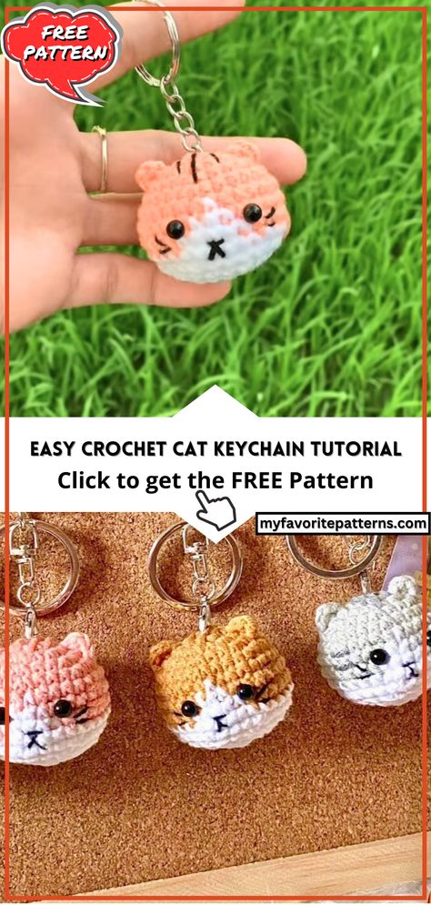 Easy Crochet Cat Keychain Tutorial Crochet Amigurumi Free Patterns Easy Key Chains Patterns, Crochet Stitch Keychain, Crochet Cat Tutorial, Crochet Keychain Animals, Crochet Small Keychain, Crochet Cat Keychain Pattern Free, Cat Crochet Keychain, Keychain Crochet Free Pattern, Cat Keychain Crochet