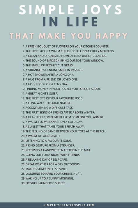 Simple joys in life and little joys to make you happy. These simple joys can brighten our day and lead to a more grateful outlook. Take a moment to slow down and highlight 100 simple joys that are waiting for us to notice. Simple Things Make Me Happy, Find Joy In Simple Things, Joy List Ideas, What Brings You Joy, Joyful Aesthetic, Little Joys In Life, Simple Happiness, Make Me Happy Quotes, Commonly Confused Words