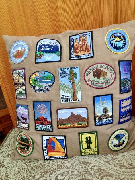 Travel Patches Ideas, Souvenir Display, Boy Scout Patches, Patches Display, National Park Patches, Patch Pillow, Sew On Badges, Scout Badges, Travel Patches