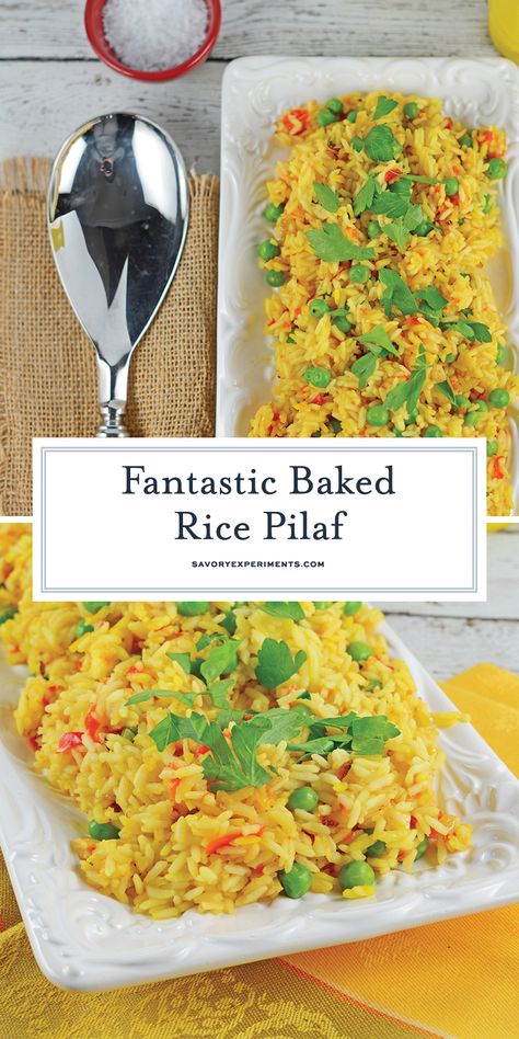 You'll never buy boxed rice pilaf ever again once you've made Bake Rice Pilaf! This is a fool proof way of getting the perfect rice every time… in the oven! #ricepilafrecipe #bakedricepilaf www.savoryexperiments.com Baked Rice Pilaf, Oven Baked Vegetables, Oven Baked Rice, Easy Rice Pilaf, Rice In The Oven, Saffron Recipes, Rice Pilaf Recipe, Pasta Side Dishes, Baked Rice