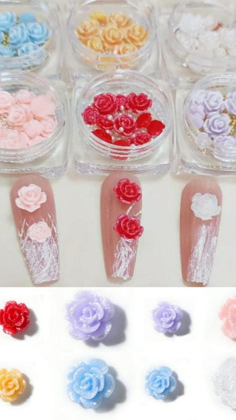 3D Flower Nail Charms 60pcs Multi Colors and Sizes of Rose Studs with Caviar Beads for N Hawaiian Flower Nails, Flower Nail Charms, Pink Flower Nails, 3d Flower Nails, Flower Nail, Nail Charms, Nail Art Decorations, 3d Nails, Hibiscus Flowers