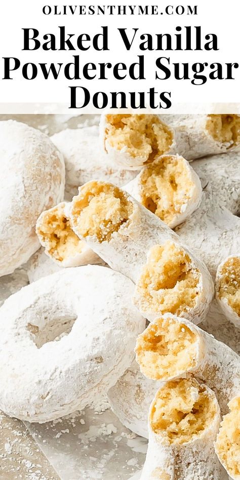 Powdered sugar donuts are soft, moist and fluffy, lightly spiced baked donuts coated in powdered sugar. These cake-style powdered donuts are quick and easy to make using two bowls, a whisk and a donut pan. If you can make muffins, you can make these cozy powder sugar donuts. Homade Cake Donuts Recipe, Baked Powdered Donut Recipes, Powered Donuts Recipes, Buttermilk Baked Donut Recipes, Baked Donut Flavors, Plain Baked Donuts With Donut Pan, Cake Donuts Baked Old Fashioned, Simple Baked Donut Recipe, Powder Sugar Donuts Recipe