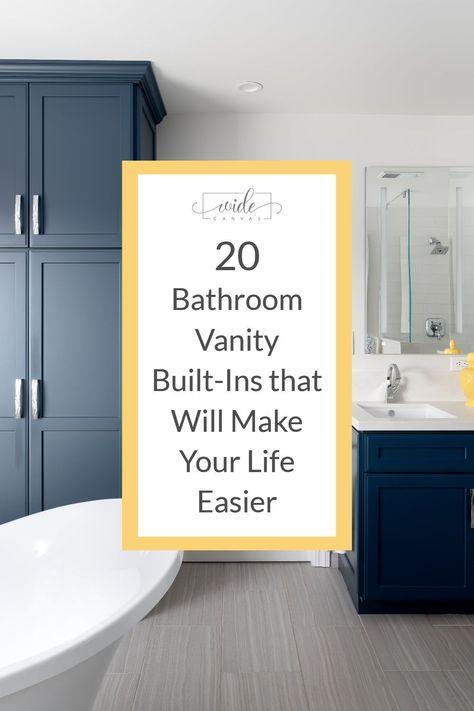 Most bathroom vanities include a sink, hard-to-access storage underneath the sink, and a drawer or two. Not good enough! A vanity can do so much more. Here are 20 vanity built-ins that will make your life easier, for example, a toe-kick drawer. With these features, it'll be easier to get ready in the morning. Easier to stay organized. Easier to clean up. Upgrade your bathroom with a custom vanity that meets all of your needs - whether outlets or stands or makeup organization. Ensuite Vanity Ideas, Bathroom Vanity With Side Cabinet, Built In Makeup Vanity In Bathroom, Dual Vanity Bathroom Ideas, Built In Bathroom Vanity, Built In Makeup Vanity, Makeup Vanity In Bathroom, Built In Vanity, Minimalist Bathroom Design