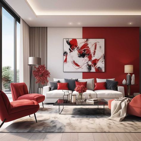 Infusing Passion with Red Living Room Decor Ideas • 333+ Art Images Black And Red Living Room Ideas, Living Room With Red Accents, Red Living Room Decor Ideas, Red Accents Living Room, Grey And Red Living Room, Red Living Room Decor, Red Interior Design, Red Living Room, Midcentury Interior