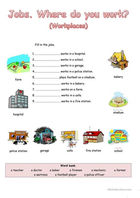 Jobs. Where do you work? - English ESL Worksheets for distance learning and physical classrooms Jobs And Places Of Work Worksheet, Jobs And Places Worksheets, Occupation Worksheet, Kindergarten Jobs, Materi Bahasa Inggris, English Worksheets For Kindergarten, English Teaching Materials, Business English, Worksheets For Kindergarten