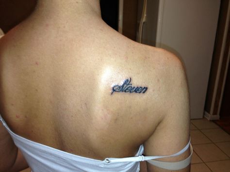 True love tattoo Stevens name on my shoulder  November 2013 Steven Tattoo Name, Steven Name, True Love Tattoo, Back Of Shoulder Tattoo, Love Tattoo, Name Tattoo, Name Tattoos, Love Tattoos, Shoulder Tattoo