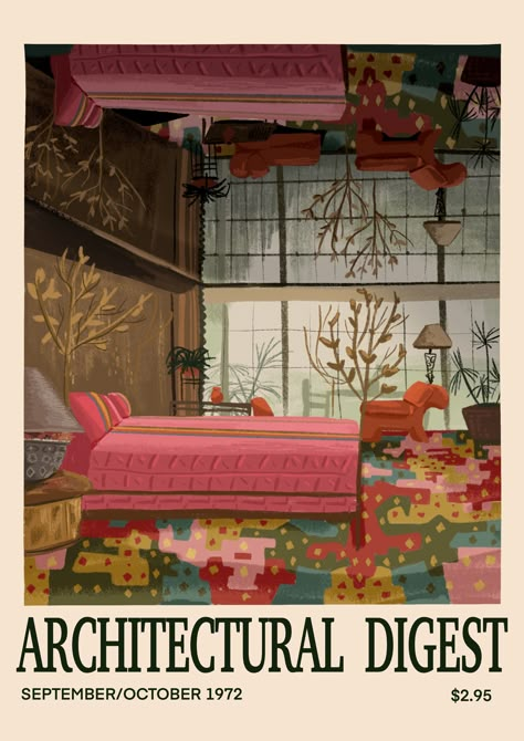 This is a digitally drawn illustration inspired in the cover of the magazine “Architectural Digest” 1972, making it vintage. Architectural Digest Magazine Cover, Vintage Architecture Poster, Architectural Digest Poster, Architectural Digest Aesthetic, Architectural Digest Cover, Architecture Magazine Cover, Architectual Digest, Earthship Design, Architectural Digest Magazine