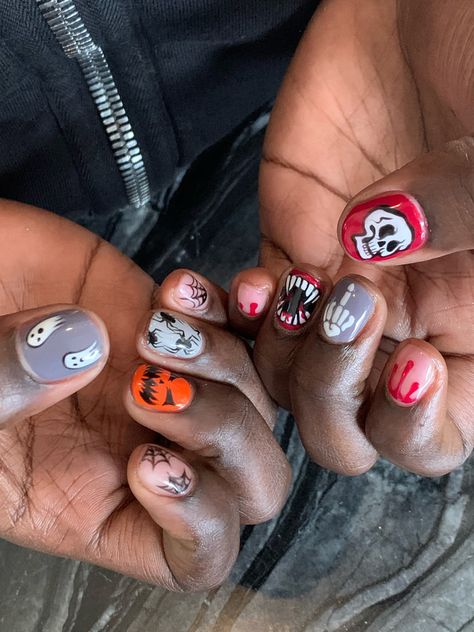 Short Nails Art Halloween, Men’s Halloween Nail, Halloween Masc Nails, Short Gel Nail Designs Halloween, Halloween Nails On Natural Nails, Halloween Men Nails, Masculine Nails Art, Manicure Designs For Men, Mens Halloween Nails