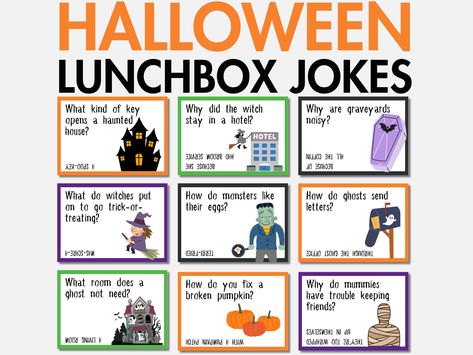 Bring scream-worthy laughs, ghostly giggles, and frightful fun to your child's lunchtime with our Halloween lunchbox jokes for kids!  Simply download, print, cut, and enjoy--it's that easy! This set of 30+ printable Halloween lunchbox notes is perfect for all ages.  Whether you're a parent packing a lunch or a teacher looking to add some fun to the classroom, these spooky and funny Halloween lunch box cards are sure to be a hit! WHAT'S INCLUDED -------------------- This digital download includes Halloween Notes For Kids, Halloween Mystery Boxes For Kids, Halloween Lunchbox Jokes, Halloween Lunchbox Notes, Lunchbox Jokes For Kids, Halloween Cards For Kids, Halloween Jokes For Kids, Halloween Lunch Box Notes, Lunchbox Cards