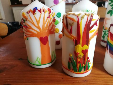 Decorated Candles, Waldorf Inspired, Beeswax Candles, Candle Decor, Decoupage, Kindergarten, Wax, Candles, Tableware