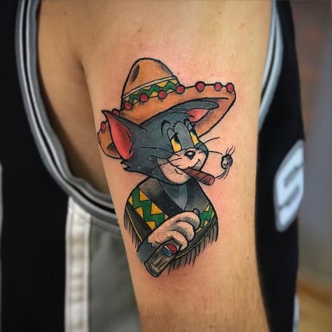 Tom And Jerry Tattoo Ideas, Tom And Jerry Tattoo, Daniel Tattoo, Pair Tattoos, Jerry Tattoo, Sunflower Tattoo Sleeve, Famous Tattoo Artists, Cartoon Character Tattoos, Metal Tattoo