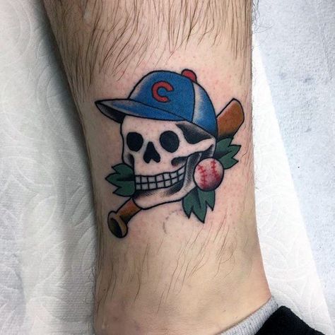 Small Traditional Skull Chicago Cubs Lower Leg Tattoo Design On Man American Traditional Baseball Tattoo, Traditional Baseball Tattoo, Baseball Tattoo For Men, Baseball Tattoo Ideas, American Football Tattoo, Chicago Cubs Tattoo, Snake And Dagger Tattoo, Baseball Tattoo, Traditional Skull