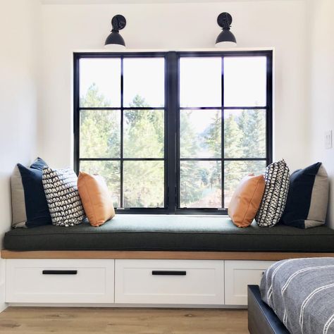 Perfect Sunday to sit and read a book on this window seat. #windowseat #modernfarmhouse #morepillows #sa_cairn #surroundarchitecture Bedroom Window Seat, Window Seat Design, Window Benches, Read A Book, Bedroom Windows, Living Room Cabinets, Window Seat, Front Room, Interior Design Studio