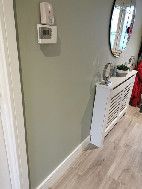 Love this colour by Dulux. Tranquil Dawn, perfect duck egg green Sage And Grey Hallway, Two Tone Hallway Green, Pale Green Hallway Ideas, Hallway Green Paint, Duck Egg Walls, Pastel Green Hallway, Dulux Pale Sage, Green Hall Stairs And Landing, Hallway Decorating Green