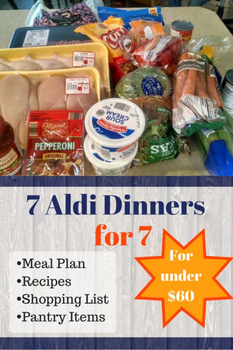 7 Aldi Dinners for 7 for under $60 - Here's and Aldi meal plan including seven Aldi dinners recipes for a large family.  We have seven in our family including three teens and one tween (and a toddler) so we go through a lot of food.  If you have all young kids, you might be able to feed more. Meal Time Schedule, Aldi Dinners, Family Meals Kids, Family Meals Kid Friendly, Cheap Meal Plans, Aldi Meal Plan, Aldi Recipes, A Lot Of Food, Large Family Meals