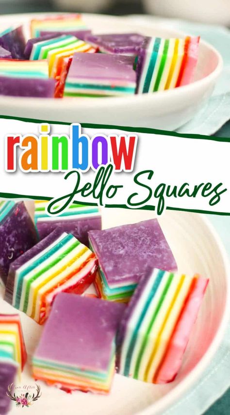 Layered Rainbow Jello Dessert - Ever After in the Woods Layered Jello Dessert, Jello Squares, Rainbow Jello Recipe, Troll Party Theme, Rainbow Jello, Jello Recipe, Jello Dessert, Layered Jello, Rainbow Desserts