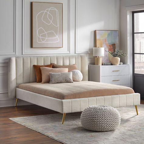 Transform your bedroom from ordinary into a Mid-Century modern haven with the Cambria Queen Size Platform Bed by Lifestyle. The perfect blend of comfort and luxe style, offers a welcoming sleek silhouette. Fully upholstered in a white boucle fabric with a soft to the touch thick texture that provides all around coziness. The headboard and foot board feature sleek vertical channel tufting, highlighting refined detail, while the ends of the headboard fashion a subtle inward slant that puts a moder White Platform Bed, Dressing Design, Bed With Led Lights, Sophisticated Bedroom, Queen Size Platform Bed, Bed White, Queen Platform Bed, Luxe Style, Bed Dimensions