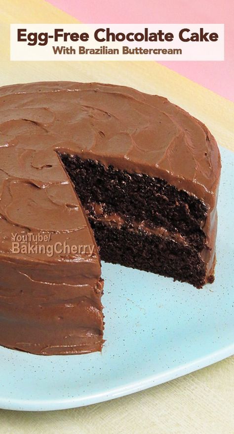 Egg-free chocolate cake with Brazilian chocolate frosting. This soft and fluffy chocolate cake without eggs is super easy to make! Frosted with a delicious and creamy chocolate buttercream, made without icing sugar. #cake #chocolate #eggless #buttercream #frosting #dessert #recipe #homemade Chocolate Cake Recipe Without Eggs, Chocolate Cake Without Eggs, Egg Free Chocolate Cake, Cake Without Eggs, Cake Recipes Without Eggs, Brazilian Chocolate, Fluffy Chocolate Cake, Egg Free Cakes, Eggless Chocolate Cake