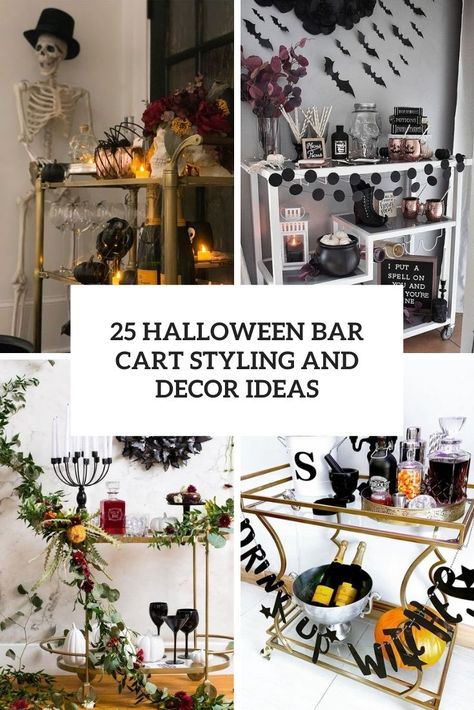 Halloween Drink Station, Burgundy Candles, Halloween Bar Cart, Copper Pumpkins, Letter Garland, Halloween Drink, Halloween Bar, Pumpkin Vase, Bar Cart Styling