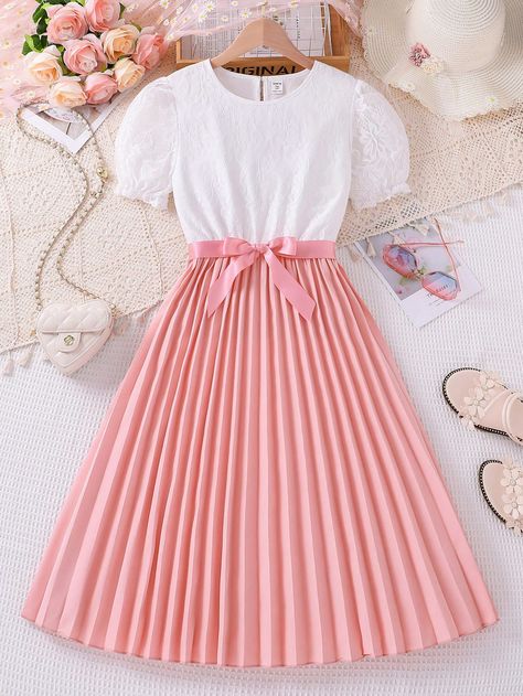 Pink Casual Collar Short Sleeve Polyester Colorblock A Line Embellished Non-Stretch  Teen Girls Clothing Aliexpress Dresses, Cute Outfits With Shorts, Simple Frock Design, Kids Dress Collection, Stylish Short Dresses, Cute Dress Outfits, Teen Girl Dresses, Short Puff Sleeve, Rose Bonbon