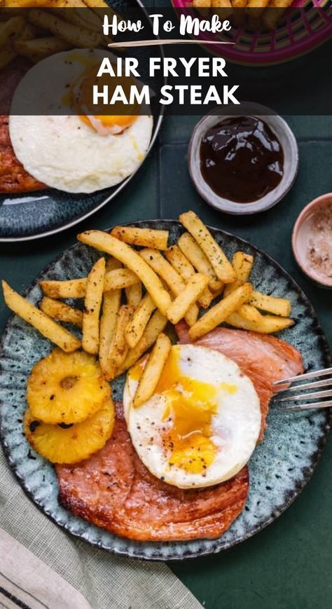 Delicious Air Fryer Ham Steak (or Gammon Steak) in under 10 minutes! A great breakfast, brunch or lunch option that’s super quick and easy. Serve with pineapple rings, eggs and fries for a slice of pure nostalgia! How To Cook Gammon, Air Fryer Ham, Gammon Steak, Ham Steak Recipes, Gammon Recipes, Cooked Pineapple, Ham Steak, Ham Dinner, Pineapple Rings