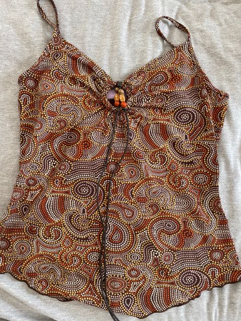 Patterned Tank Tops, 200s Tank Tops, Y2k Summer Clothes, Thrifted Tank Tops, Boho Y2k Outfits, Flowy Shirts Boho, Y2k Tank Top Outfit, Vintage Tops 90s, 2000 Tank Top