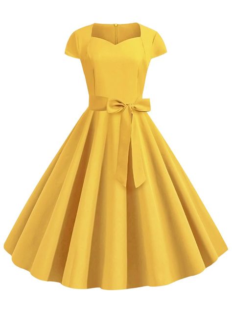 Sweetheart Neck Vintage Fit and Flare Dress Elegant Work Dress, Retro Yellow, Vintage Dress 60s, Hepburn Style, Prom Dresses Sleeveless, Womens Vintage Dresses, Rockabilly Dress, Cap Dress, Midi Dress Party