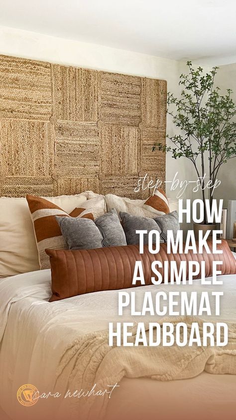 Make this easy DIY jute placemat headboard. DIY headboards are one of my favorite projects because they’re so easy to build and customize to create a unique book for your space. You can build this diy textured headboard with a wood frame and some jute placemats. I built this headboard as part of an organic modern room makeover I did a couple years ago and decided to re-purpose it for one of the bedrooms at Mulberry manor — the 1840s house I’m renovating with my best friend. #diyprojects Wood Headboard Design, Diy Headboard Ideas Easy, Headboard Design Ideas, Unique Headboard Ideas, Wood Headboards, Headboard Makeover, Headboard Alternative, Creative Headboard, Diy Bed Headboard