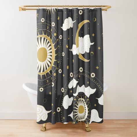 "Planetary Atrology Pattern - Sun - Moon - Stars" by SpectacularCo | Redbubble Star Shower, Sun Moon Stars, Moon Stars, Curtains For Sale, Designer Shower Curtains, Sun Moon, Stars And Moon, Shower Curtains, Shop Design