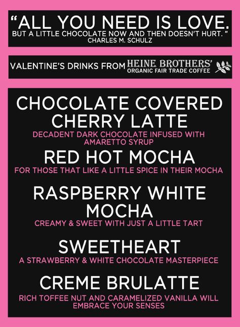 Valentine’s Day Latte Ideas, February Coffee Drinks, Coffee Shop Valentine Ideas, Valentines Day Coffee Drinks, Valentines Coffee Drinks, Valentines Cocktails, Deja Brew, Coffee Names, Valentines Coffee