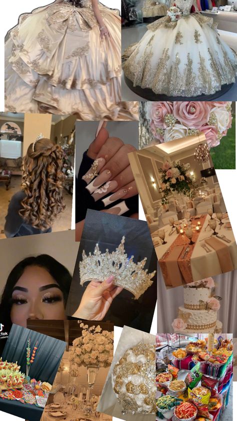 Champagne quince Quince Themes Champagne, Gold And Ivory Quinceanera Theme, Quinceanera Champagne Theme, Cream Quinceanera Theme, Rare Quince Colors, Quince White And Gold, White And Gold Quinceanera Decorations, Quince Inspo Decor, Gold Quince Theme