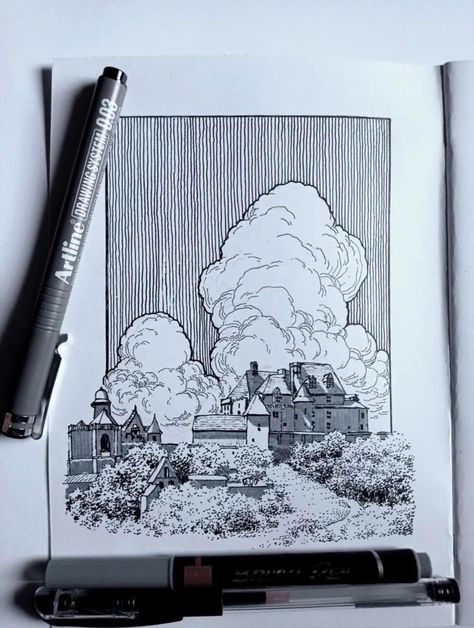 Simple Ink Illustrations, Fineliner Art Buildings, Gomatrical Pattren Design, Micron Pen Sketches, Micron Pen Art Sketches Architecture, Pen Art Architecture, Hatching Landscape, Shallow Drawing, Urban Sketching Pen