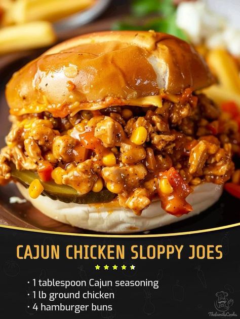 Kylie Recipes | Cajun Chicken Sloppy Joes | Facebook Honey Garlic Chicken Sloppy Joes, Cajun Sloppy Joes, Cajun Chicken Sloppy Joes, 30 Min Dinner, Chicken Sloppy Joes, Heavenly Recipes, Cajun Chicken, Canned Corn, Cajun Recipes