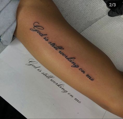 Quetos Tattoo, Going Through It Tattoo, Tattoos On The Back Of The Leg, Cute Arm Tats For Women, Womens Tattoo Quotes, Side Of Hand Tattoos For Women Word, Wrist Saying Tattoos, Tattoo Ideas For Healing Process, Time Is Of The Essence Tattoo