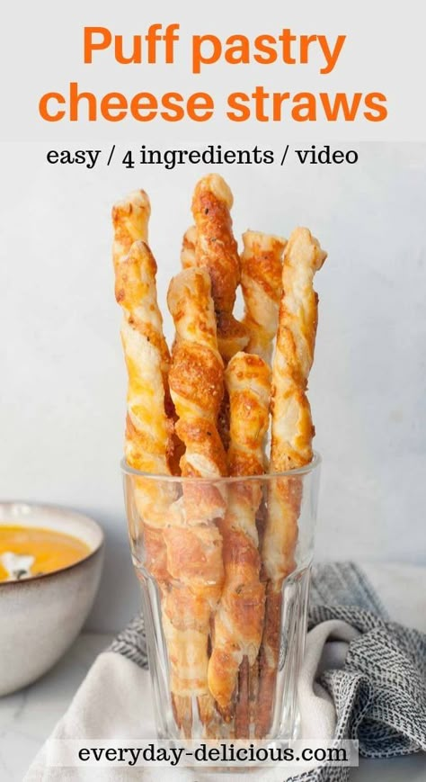 Puff pastry cheese straws. Easy to make puff pastry snack, these straws will be gone in a couple of minutes. You only need 4 ingredients! A hit at any party. It makes a great addition to soup. #puffpastry #appetizer #parmesan Puff Pastry Straws, How To Make Cheese Straws, Easy Cheese Straws Recipe, Easy Starters Recipes Appetizers, Puff Pastry Cheese Sticks, Puff Pastry Snacks Appetizers, Puff Pastry Party Food, Puff Pastry Recipes Cheese, Cheese Straws Recipe Easy