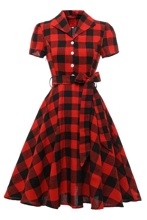 Zapaka Women Vintage Dress Red 1950s Plaid Short Sleeves Swing Dress with Sash – ZAPAKA Pin Up Looks, Vintage Wedding Party, Vestidos Retro, Vintage Red Dress, Vintage Fans, Pin Up Dresses, Tartan Dress, Short Sleeve Tunic, Vintage Shorts