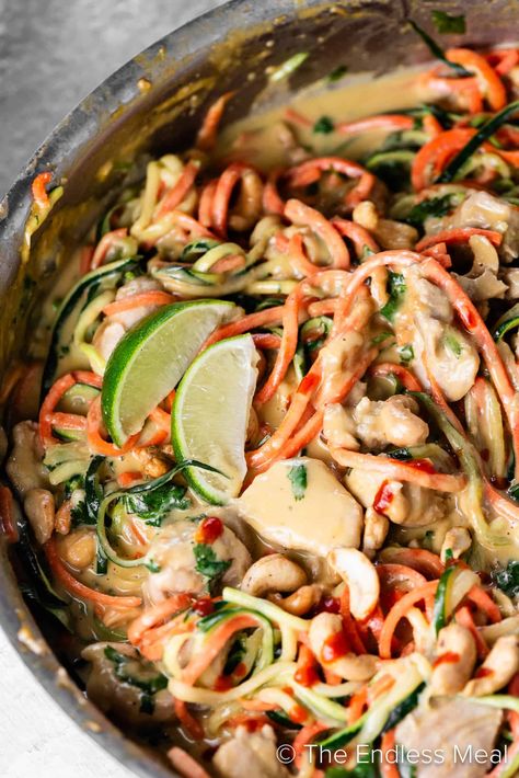 These chicken zoodles are a quick and healthy low-carb meal for busy weeknights. Zucchini noodles and carrots are tossed with juicy chicken in a creamy cashew sauce. This easy one-pot meal is both filling and satisfying, and it's ready in just 20 minutes! #theendlessmeal #zoodles #chicken #chickenzoodles #paleorecipes #whole30recipes #zucchininoodles #cashewbutter #cashews #carrotnoodles Chicken Zoodles, Carrot Noodles, Cashew Sauce, Zoodle Recipes, Veggie Noodles, Easy One Pot Meals, Cashew Chicken, Delicious Vegetables, Healthy Low Carb Recipes