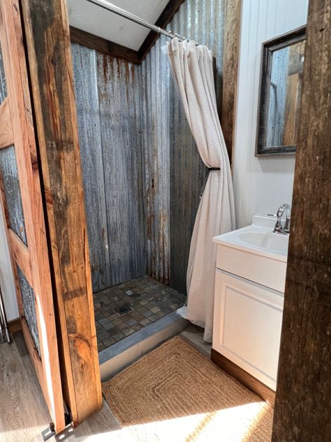 Tiny house Tin shower Galvanized Tin Shower Walls, Shower With Tin Walls, Metal Shower Walls Corrugated Tin, Galvanized Shower Walls, Shower Tiny House, Tin Shower Walls, Metal Shower Walls, Galvanized Tin Walls, Galvanized Shower