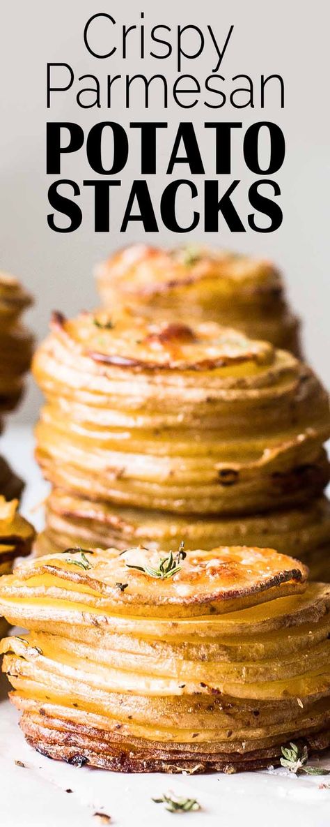 Crispy baked potato stacks with Parmesan and garlic! So easy to make in a muffin tin. Husband Recipes, Muffin Tin Potatoes, Parmesan Potato Stacks Recipe, Sweet Potato Stacks, Potato Ideas, Sweet Taco, Parmesan Potato Stacks, Potato Galette, Crispy Parmesan Potatoes