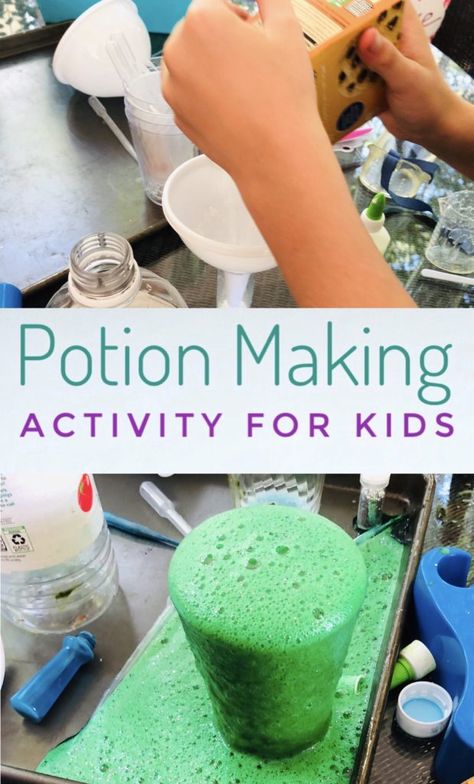 Potions Party Activity for Fun and Messy Play - Kids will love making potions with their friends during this fun science activity! Having a potions party is fun and messy play! #messyplay #scienceexperiments #scienceactivities #playdate Grossology Activities For Kids, Potion Activity For Kids, Potion Play For Kids, Kids Potions Making, Diy Potions For Kids, Magic Activities For Kids, Messy Play Ideas Preschool, Messy Crafts For Kids, Messy Activities For Kids