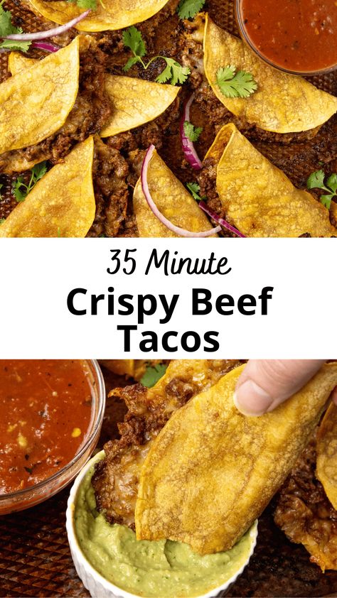 These Crispy Beef Tacos are the best! They only take 35 minutes to make, and everyone will love dipping these baked tacos into all the sauces. These are easy to make. You make these with ground beef with tacos seasoning and enchilada sauce. Then add cheese and the meat to an oiled corn tortilla. Bake for 16 minutes and serve with salsa, queso, guacamole, and any other of your favorite taco toppings. Tacos Seasoning, Crispy Beef Tacos, Corn Tortillas Tacos, Baked Tacos, Corn Tortilla Recipes, Tortilla Bake, Crispy Beef, Crispy Tacos, Beef Tacos