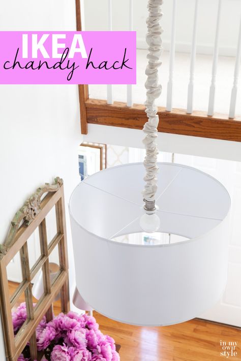 A modern chandy for under $50. I did a little hack using an IKEA NYMO hack shade and a pendant light from Lowes to create an affordable chandelier for my foyer. In My Own Style Ikea Lighting Hack, Ikea Nymo, Ikea Inspirations, Ikea Lamp Hack, Ikea Lighting, Eclectic Diy, Affordable Chandelier, Lighting Hacks, Ikea Inspiration