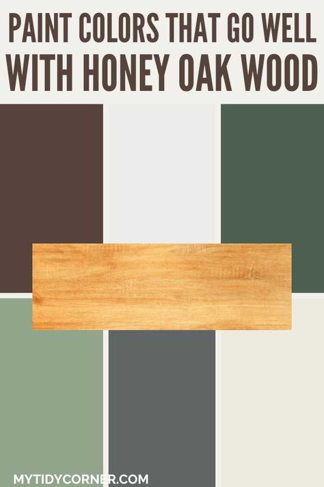 Struggling to find the perfect paint color for your honey oak cabinets or floors? Discover the top paint colors that go with honey oak wood trim, floors, cabinets, furniture, paneling, etc. Here are the best paint colors that go well with honey oak wood. Enhance your decor with the best paint colors that pair with honey oak wood! Create a harmonious look with these paint colors that pair well with honey oak wood. Basement Paint Colors With Oak Trim, Honey Oak Baseboards, Paint Colors That Go With Wood Paneling, Oak Cabinet Kitchen Paint Wall Colors, Paint For Honey Oak, Oak Cabinet Wall Color Ideas, Painted Doors Wood Trim, Honey Oak Trim Paint Colors, Green And Honey Oak Kitchen