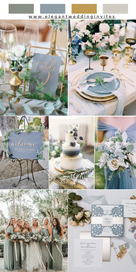 Refreshing and exquisite dusty blue sage wedding decor with a hint gold 1 1 Sage Blue Wedding Color Schemes, Dusty Blue Sage Green Silver Wedding, Blue And Sage Green Wedding Theme, Spring Wedding Colors Dusty Blue, Dusty Blue And Gold Centerpiece, Steel Blue And Champagne Wedding, Dusty Blue Wedding With Gold, Wedding Themes Blue And Green, Wedding Ideas Sage Green And Dusty Blue