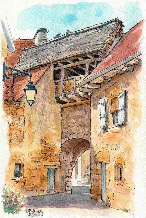 Village Drawing, Buildings Artwork, Landscape And Urbanism Architecture, Watercolour Ideas, Pen And Wash, European Street, Canvas For Beginners, Watercolor Architecture, Art Village